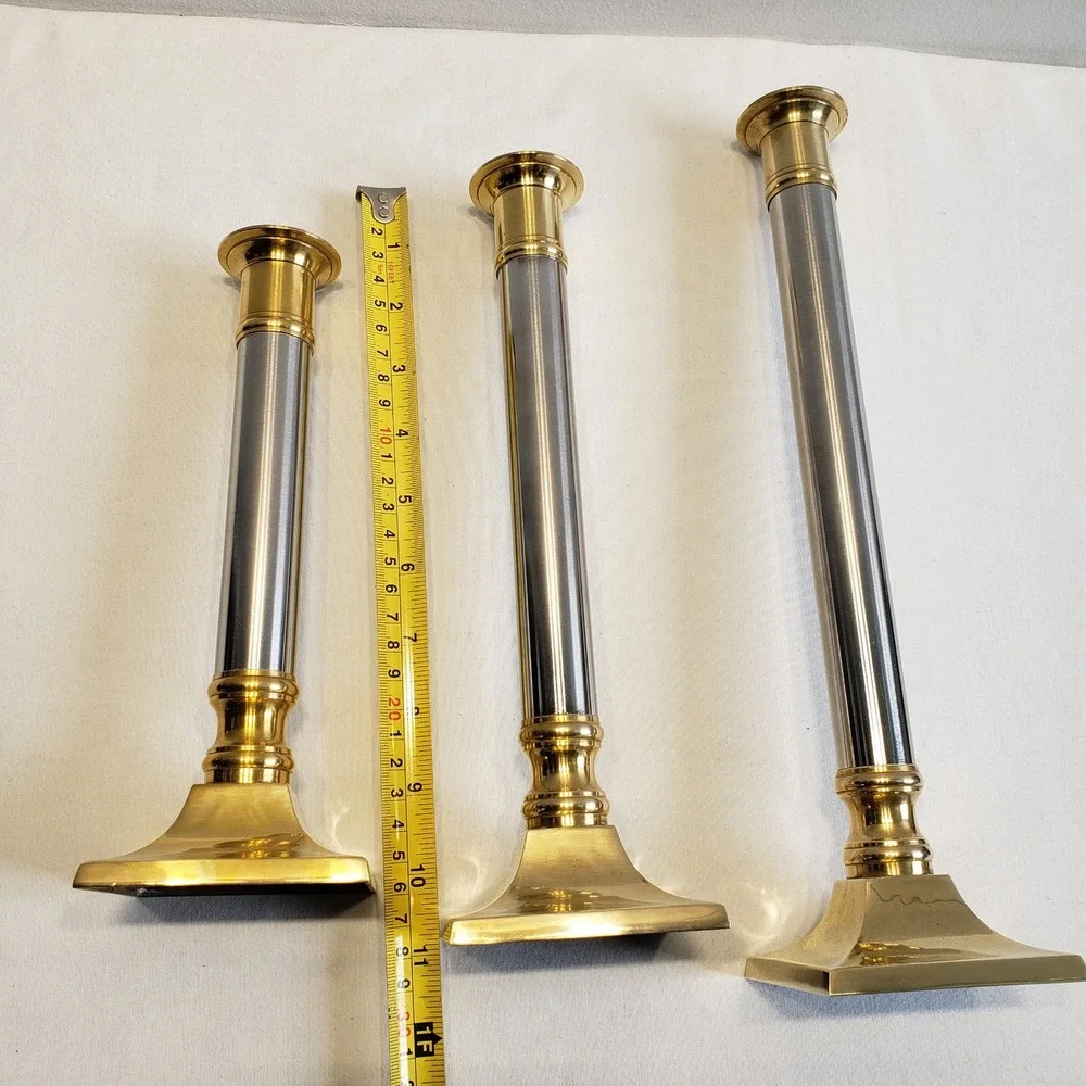 Candlestick Holders Brass Silver Mixed Metal Graduated Set of 3 Vintage